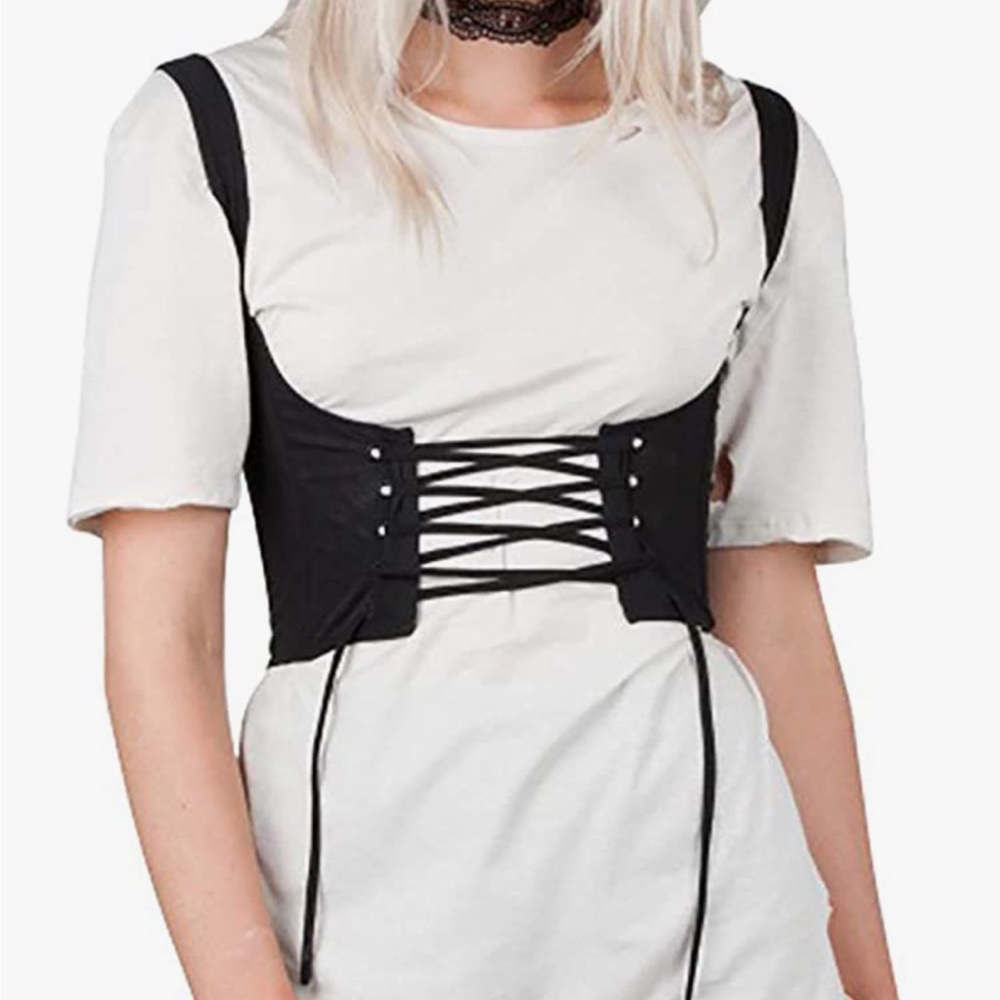 Women Black Tied Lace Up Corset Bandage Wide Waist Cincher Belt Tank Crop